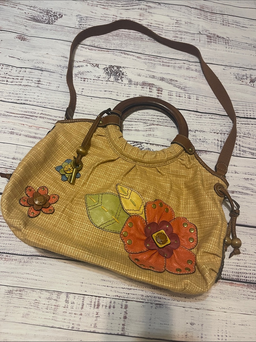 Fossil Vintage Yellow Floral Accent Crossbody Bag